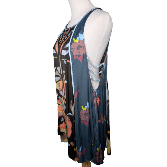 Free People Dream Free Boho Floral Print Satin Strappy Cut Out Tunic Top Small - Picture 7 of 12